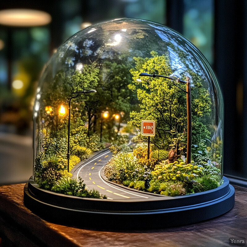 A miniature model of a road is displayed in a glass dome, surrounded by lush greenery and trees.