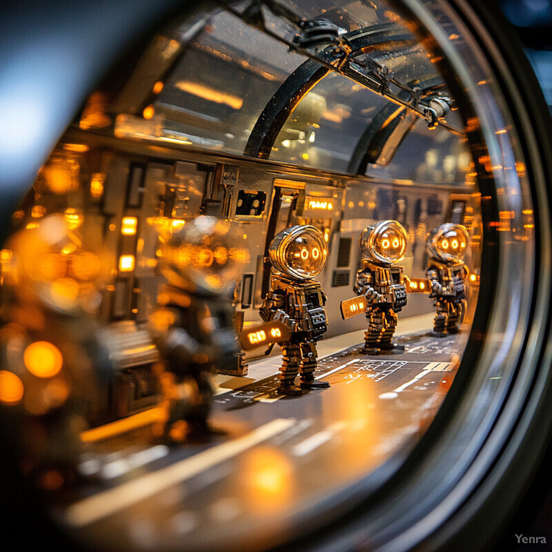 Miniature robots or androids standing on a metallic surface in a laboratory setting.