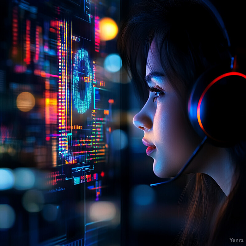 A woman is analyzing data on a screen while wearing headphones.