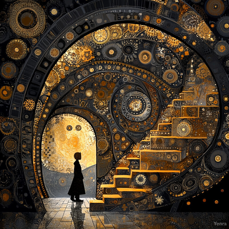 A young girl stands in the center of a swirling vortex of gears and cogs, surrounded by metallic components.