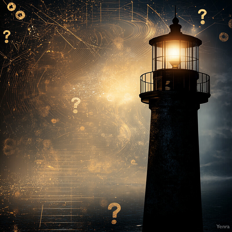 A lighthouse stands tall on a rocky coastline under a dark and cloudy sky illuminated by a bright moon.