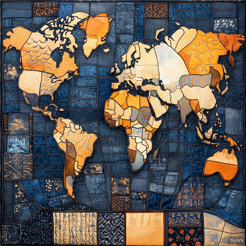 A quilted map of the world featuring various countries and regions in different shades of blue, orange, and yellow.