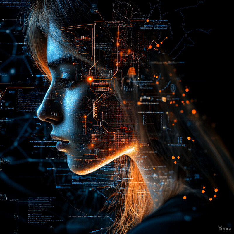 A woman's profile with an overlay of orange and blue circuitry patterns, suggesting a connection between human intelligence and technology.