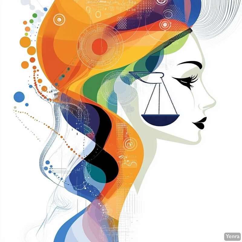 An abstract illustration of a woman's face with vibrant colors and dynamic movement.