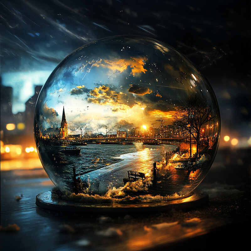 A serene cityscape at sunset, reflected in a crystal ball.