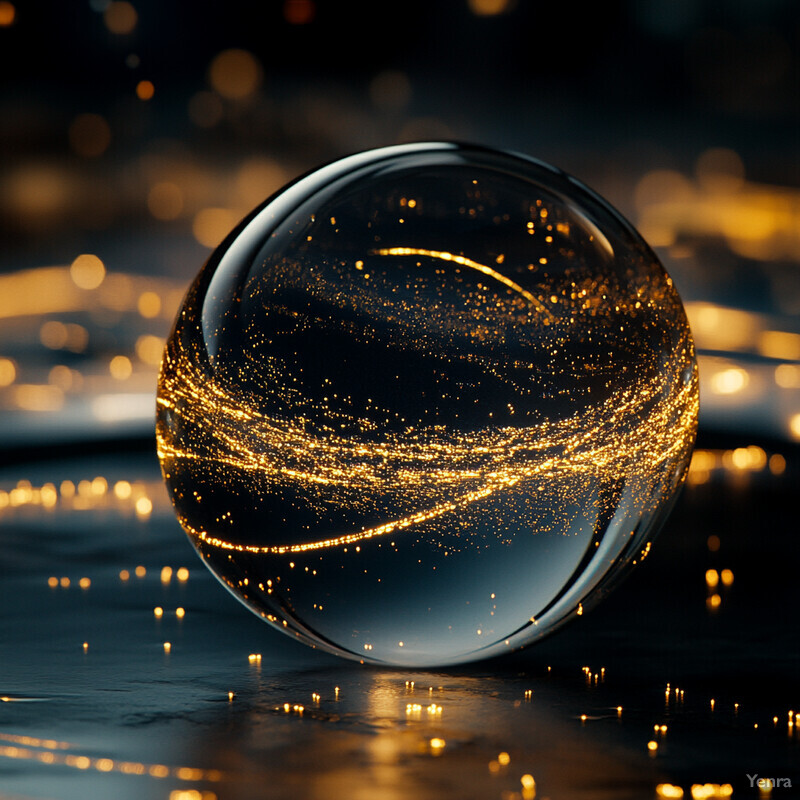 A crystal ball with gold flecks inside sits on a black surface in an unknown environment.