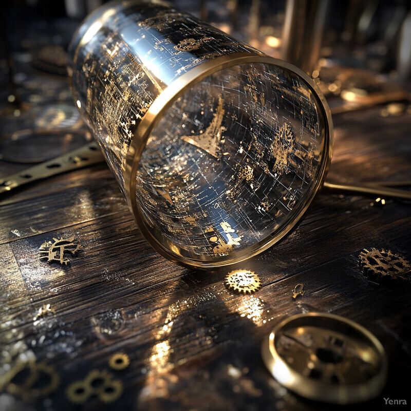 A glass cup filled with golden gears lies on its side on a wooden table in a steampunk-inspired setting.