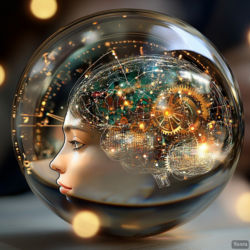 A woman's head with her brain visible inside a glass sphere, filled with mechanical components and set against a cityscape background.