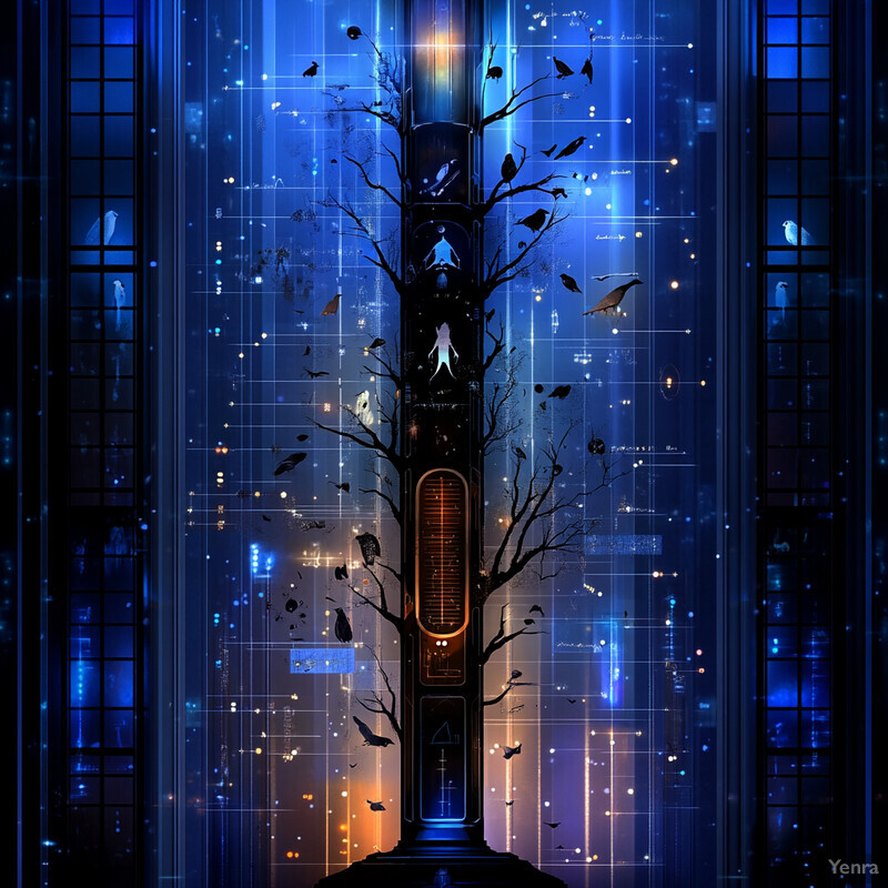 An abstract image featuring a mechanical tree with glowing orbs in a futuristic cityscape.