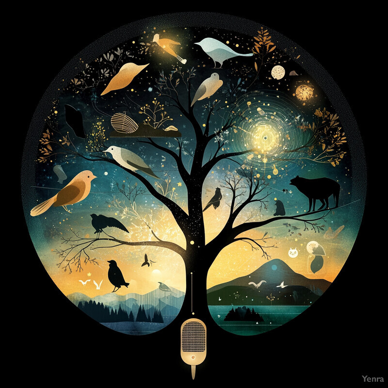 A whimsical image of a tree with birds and animals integrated into its branches against a warm golden background.