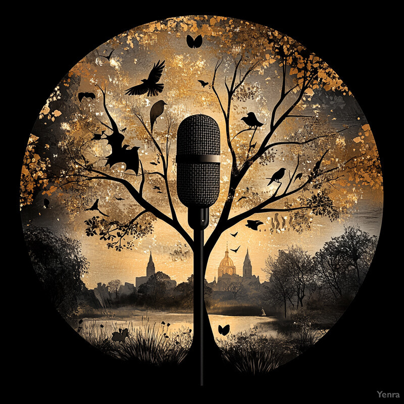 A circular painting featuring a microphone, tree, and birds against a city skyline background.