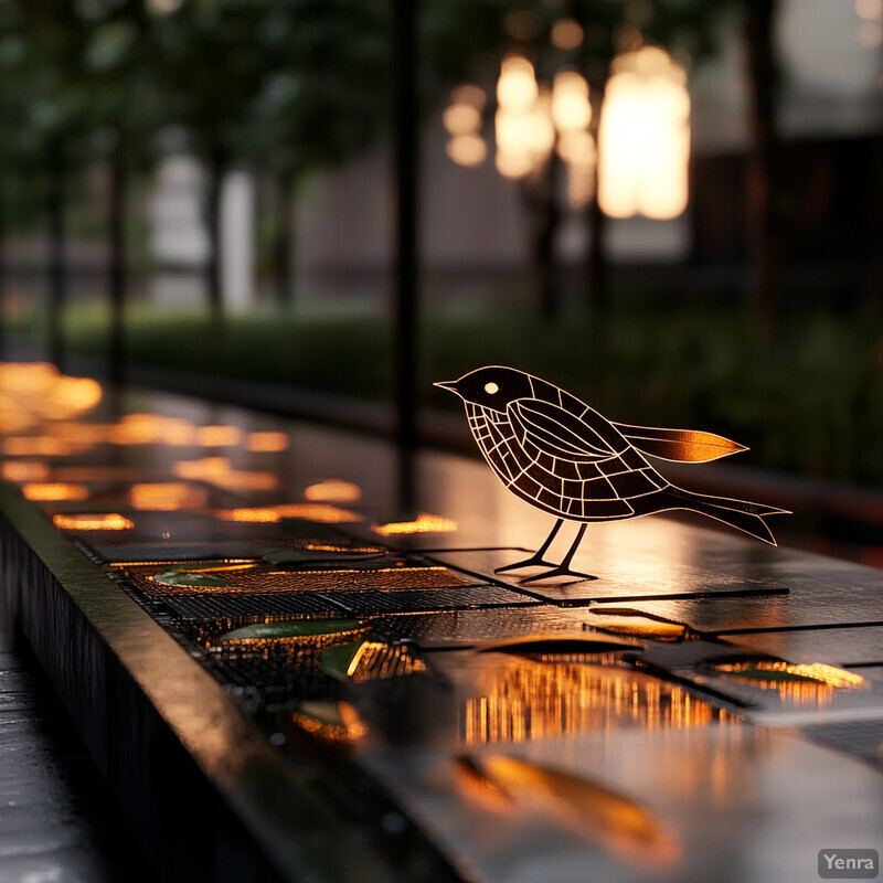 A bird-shaped object made of metal is placed on top of a long, narrow table or bench in an outdoor setting.