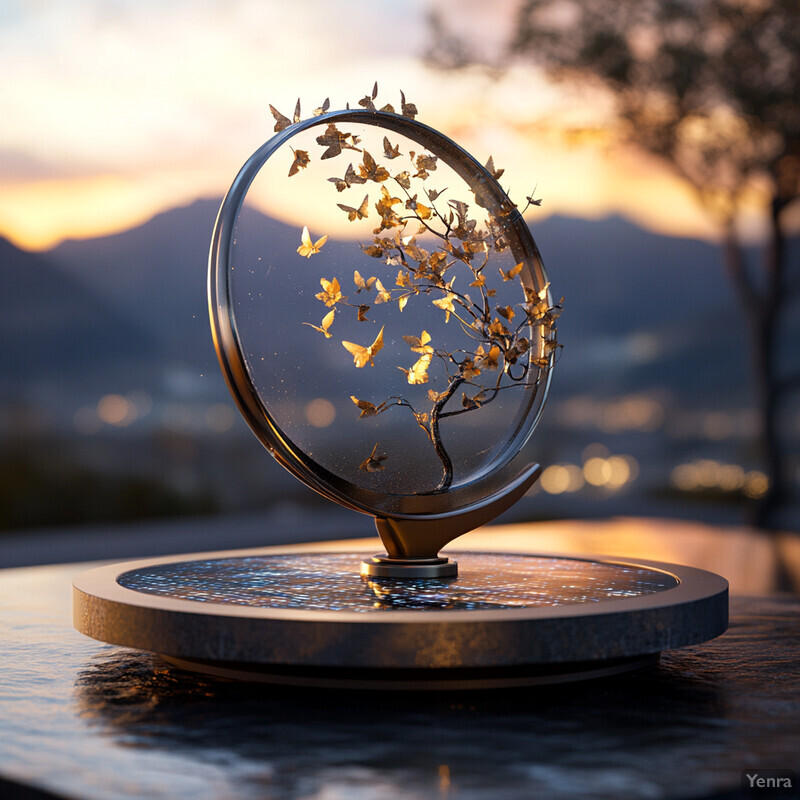 A glass or crystal orb sits on a table, featuring a golden statue of a dancing woman inside.