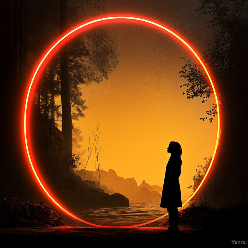 A woman stands in front of a large red circle set against an orange sky.