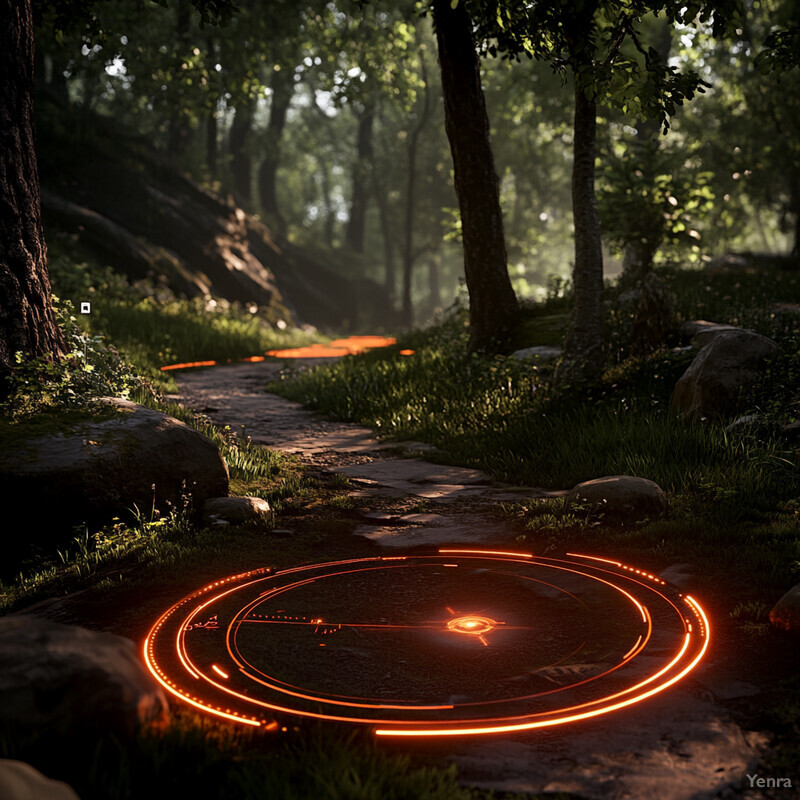 A mystical forest scene featuring a glowing, circular symbol surrounded by rocks and trees.