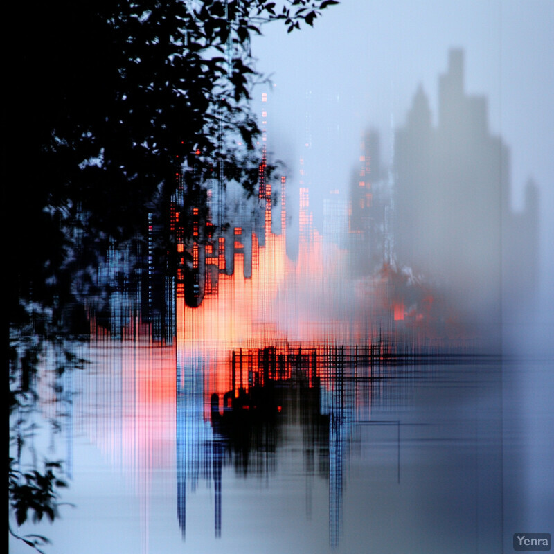 A cityscape at dusk or dawn with silhouettes of people walking along the sidewalk.