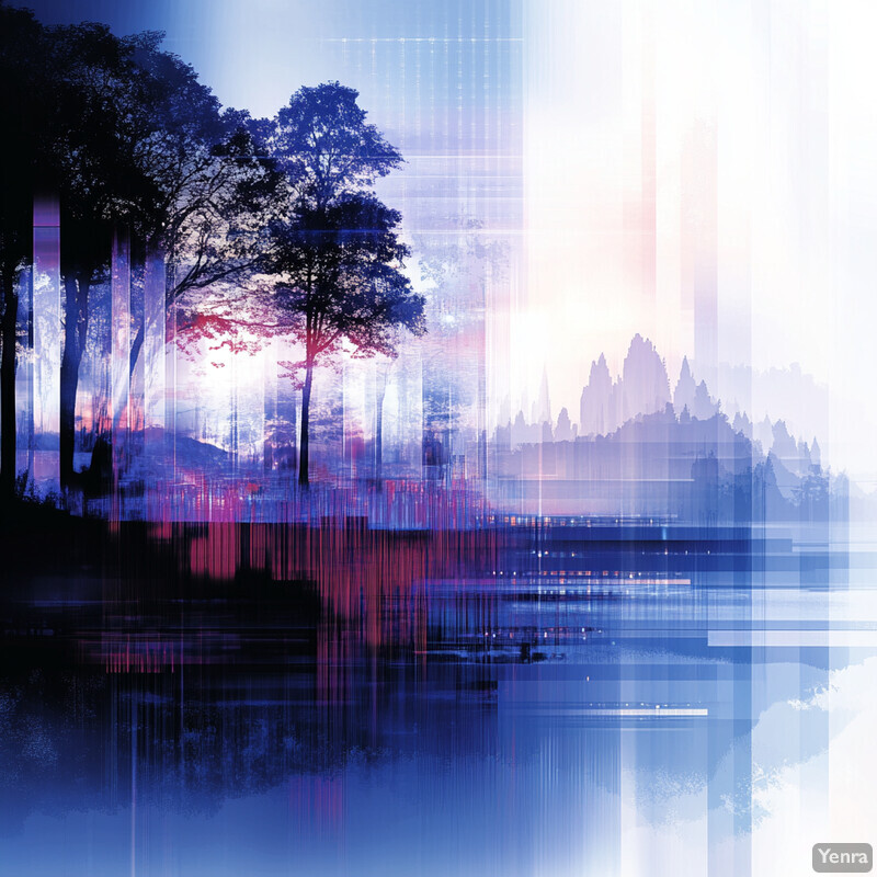 A serene landscape with trees and water, overlaid with abstract shapes and colors.