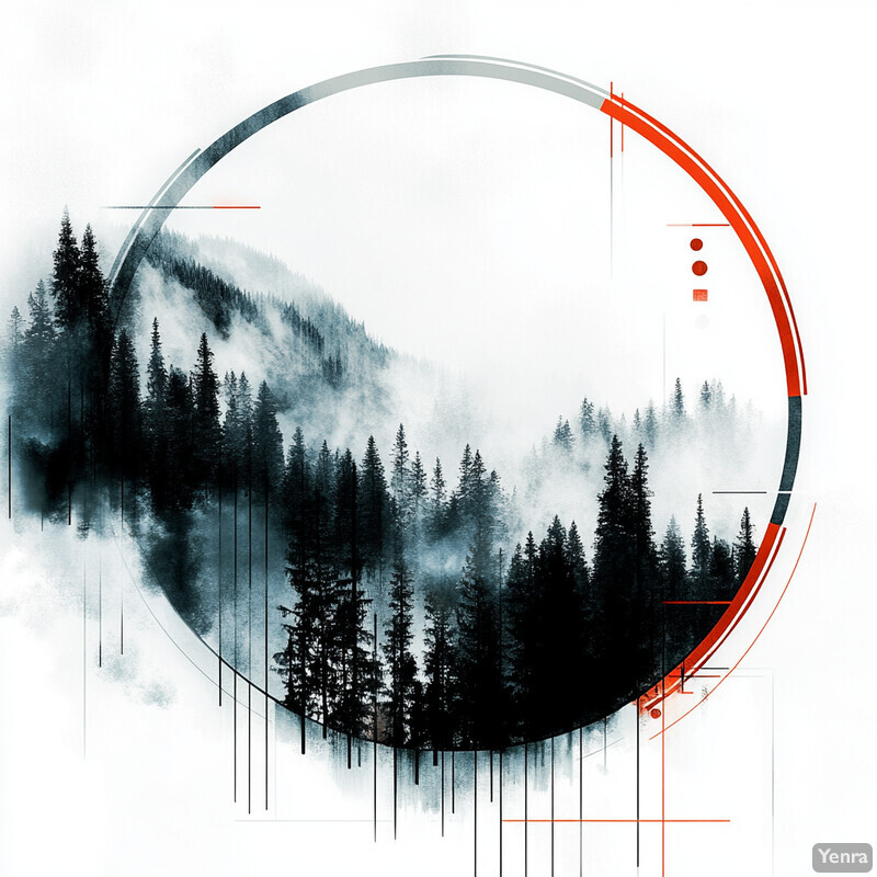 A circular graphic featuring a forest of trees in black and white, set against a red background.