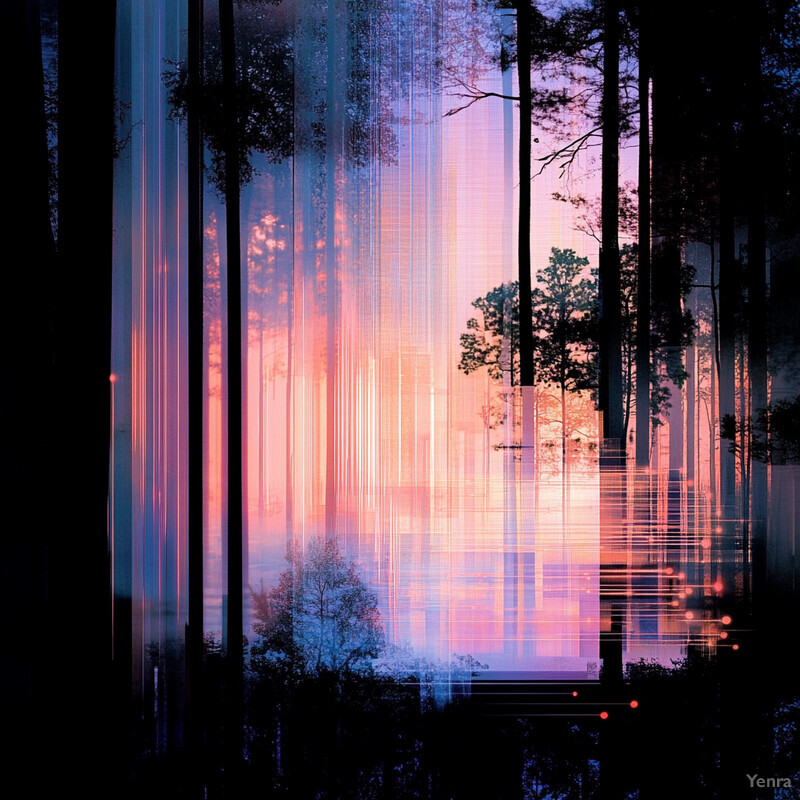 A forest scene with a pink and blue sky at sunset or sunrise