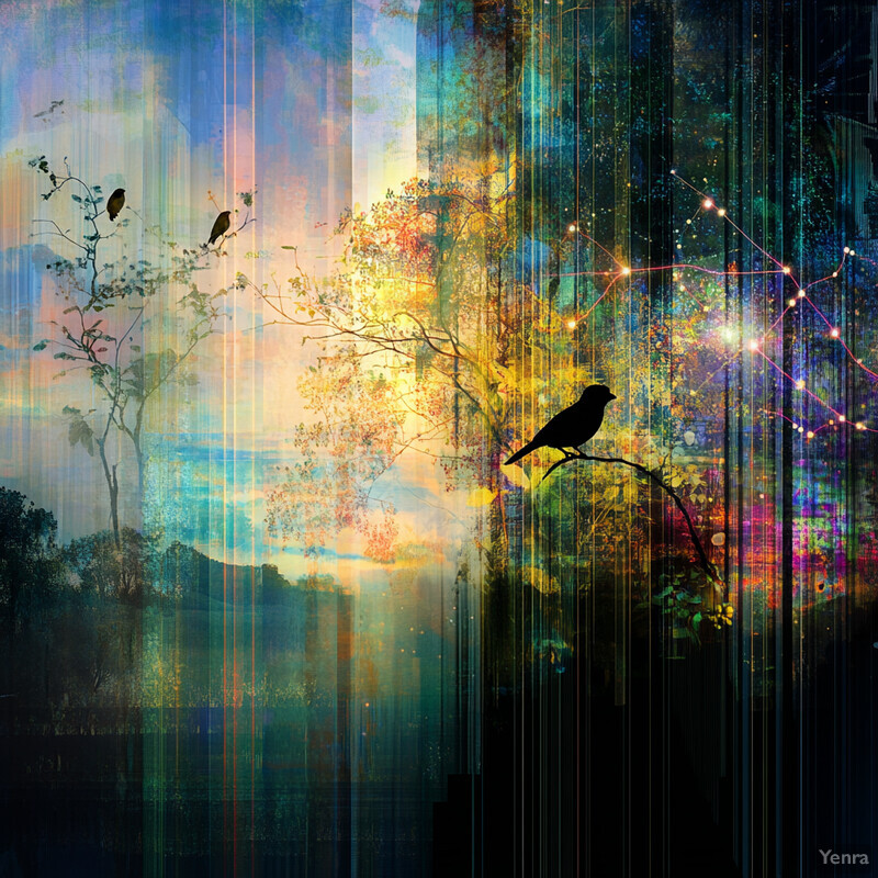 Dreamy and surreal landscape with birds perched on branches.