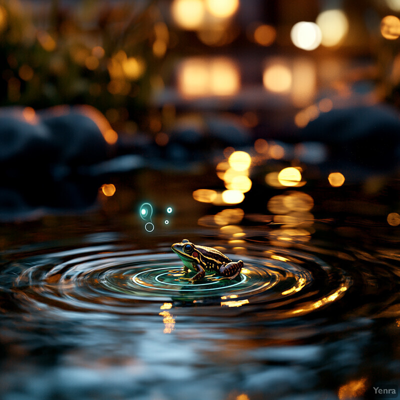 A serene image of a frog sitting on the surface of water, surrounded by ripples and reflections.