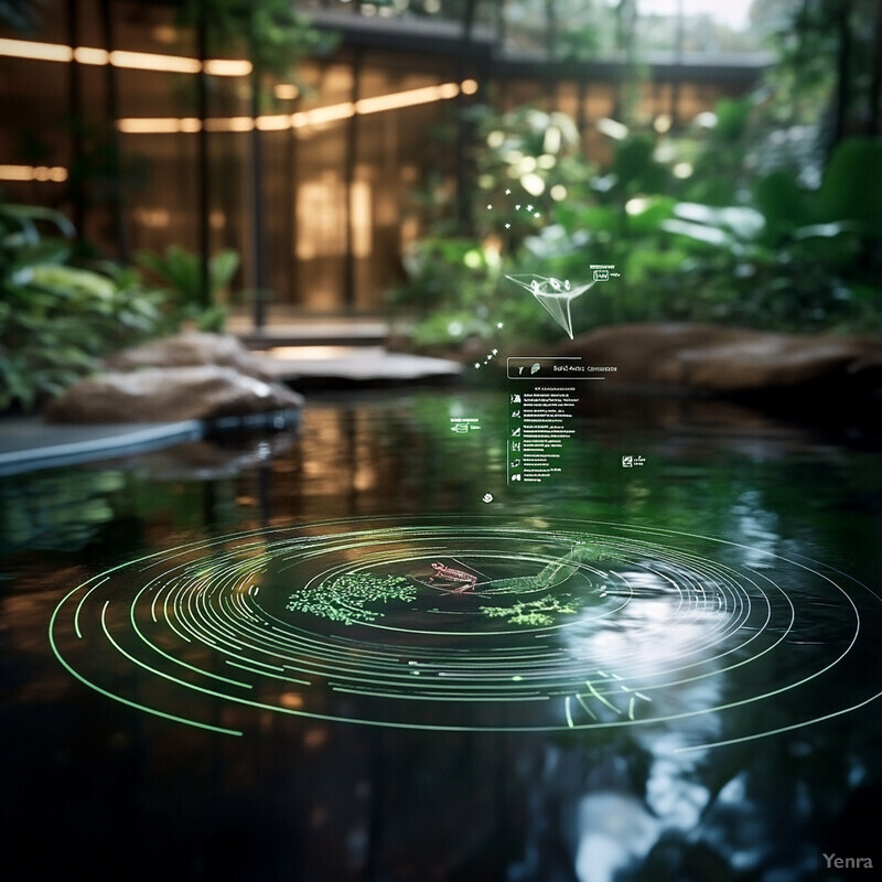 A serene and modern indoor living space with a large pond surrounded by lush greenery.