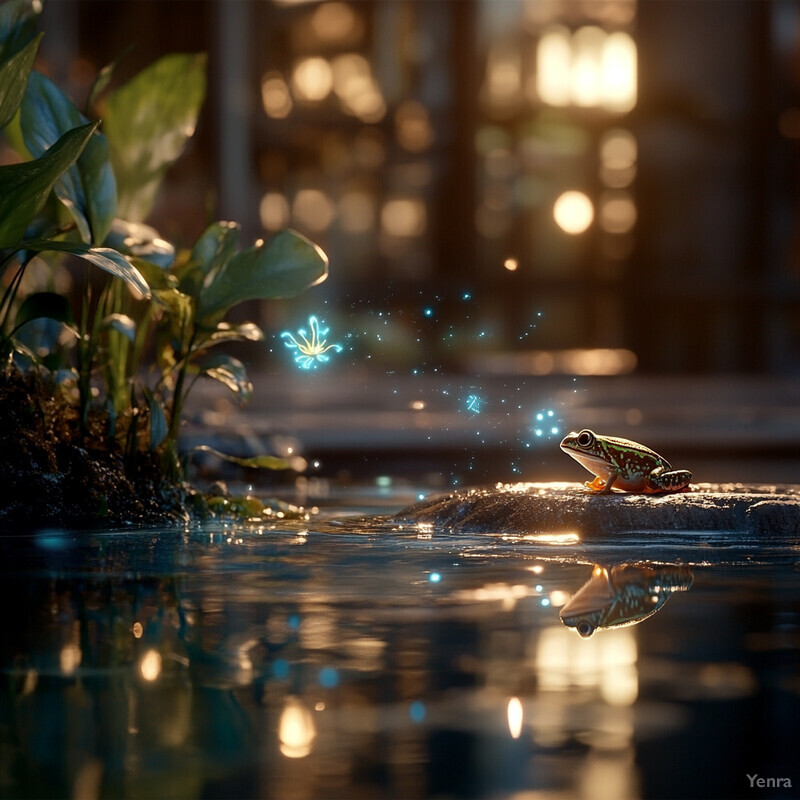 A frog sits on a rock in a pond surrounded by greenery and flowers.