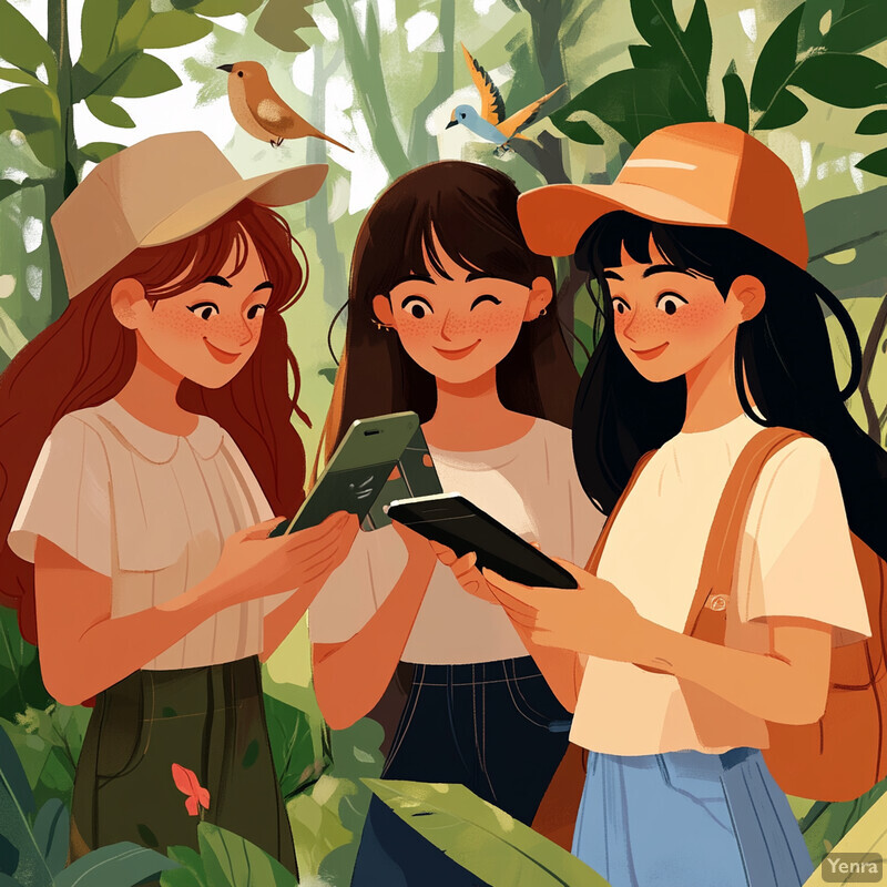 Three young women are using their smartphones to identify and document plant species in a forested area.