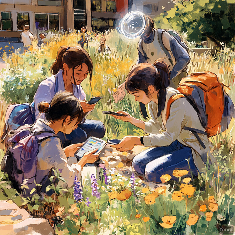 A group of people engage in crowdsourcing and citizen science activities outdoors, surrounded by greenery and flowers.