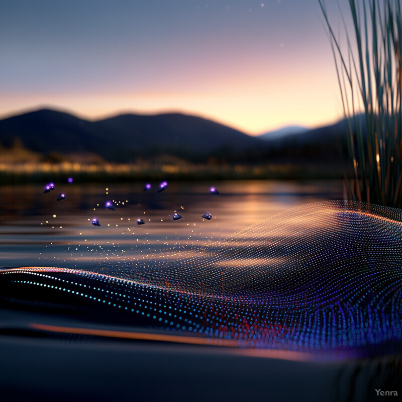 A peaceful lake scene at sunset with a focus on the water's surface and surrounding landscape.