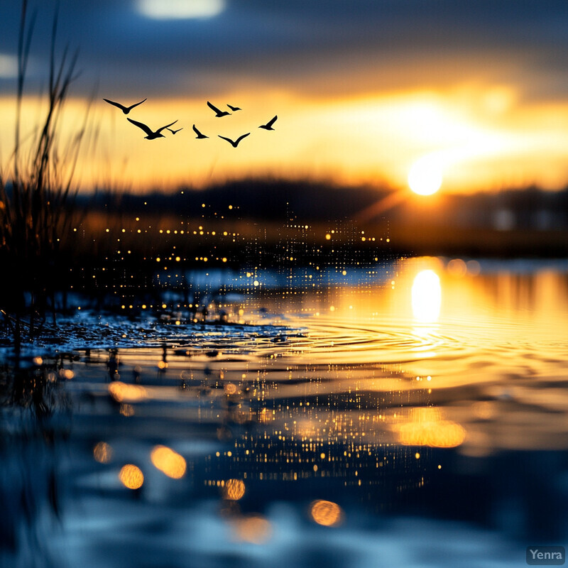 A serene lake scene at sunset with a flock of birds flying away.