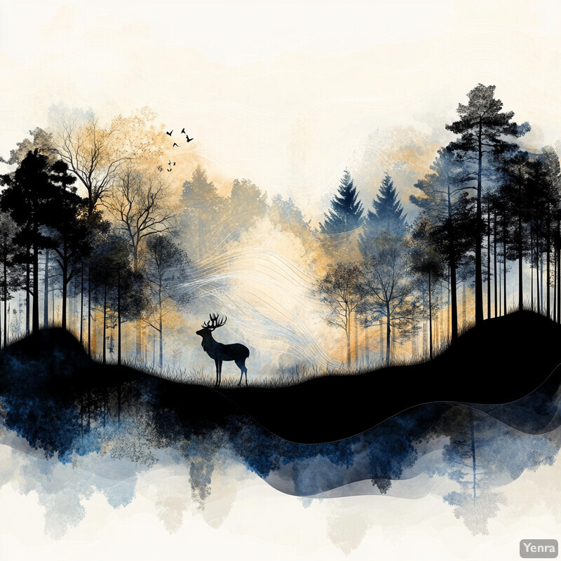 A majestic deer stands proudly in a serene forest scene, surrounded by tall trees and soft grass.