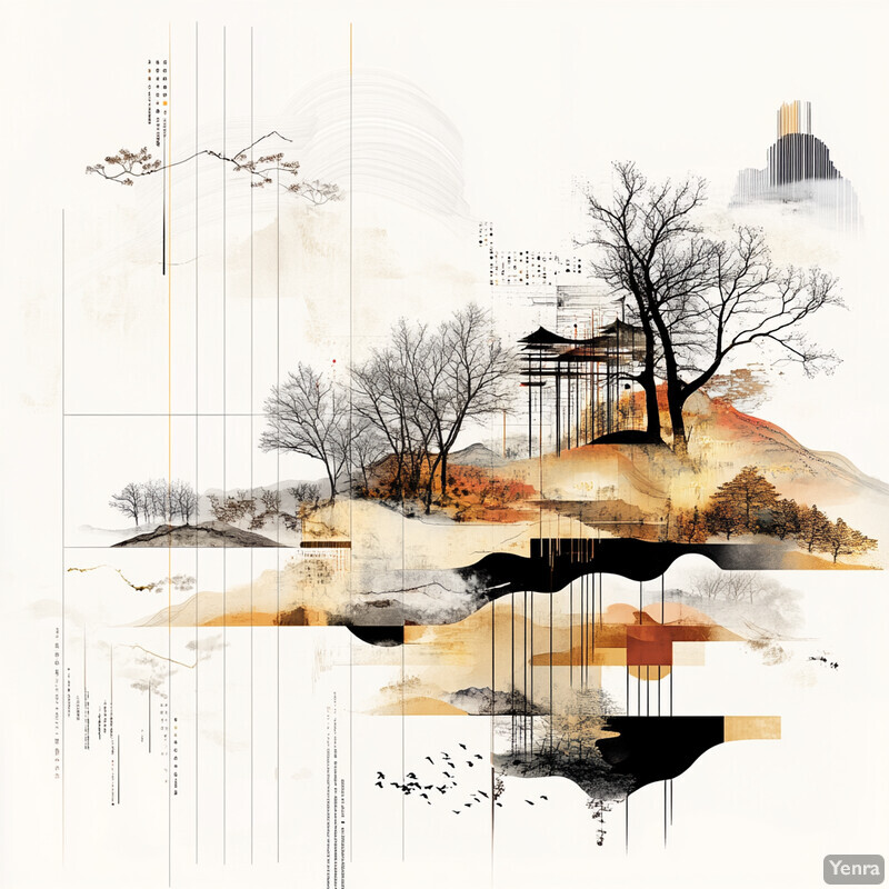 A collage of trees, buildings, and abstract shapes in a serene landscape.