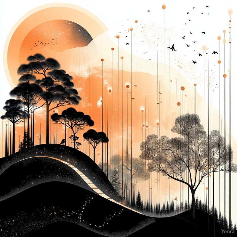 An abstract landscape with trees and birds in black, white, and orange hues.