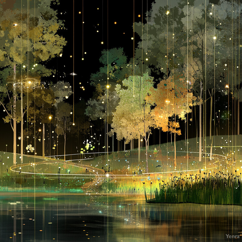 A peaceful forest scene at night, with trees, stream, and birds creating a serene atmosphere.