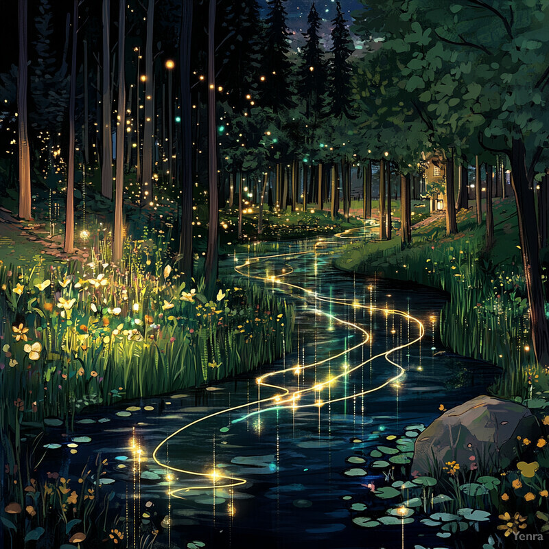 A peaceful forest scene at night, with a winding stream and fireflies flying around.