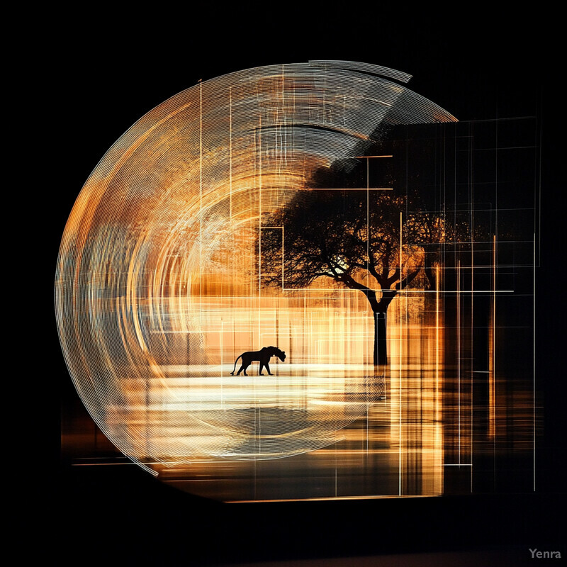 Abstract representation of a savannah scene with a circular shape and gold color scheme.