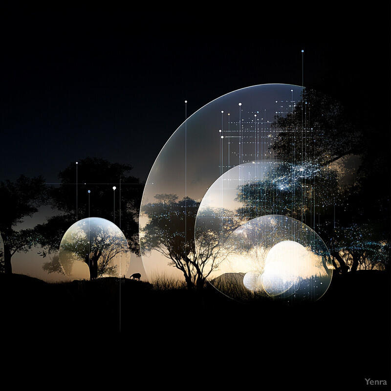 A digital artwork depicting a surreal landscape with multiple planets or moons in the sky, representing different stages of human development.