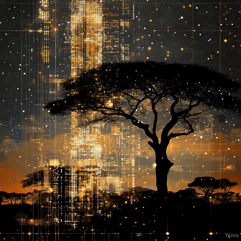 A peaceful city skyline at night with a large tree in the foreground and smaller one in the background.