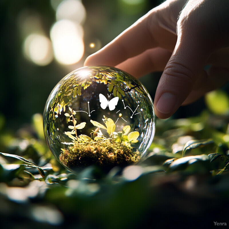 A hand cradles a glass sphere containing a miniature garden with small plants, flowers, and a white butterfly.