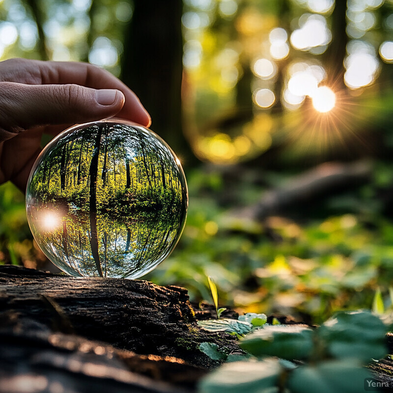 A hand holds a crystal ball in a forest setting, reflecting the surrounding environment.