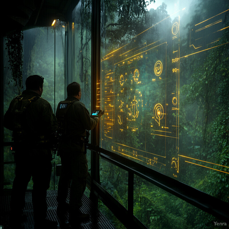 Two military personnel monitor a high-tech surveillance system in an outdoor setting.