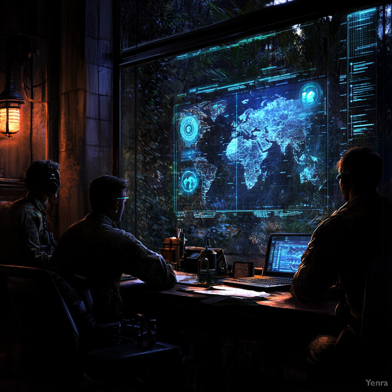 A group of individuals are gathered around a large screen displaying a world map in a dimly lit room.