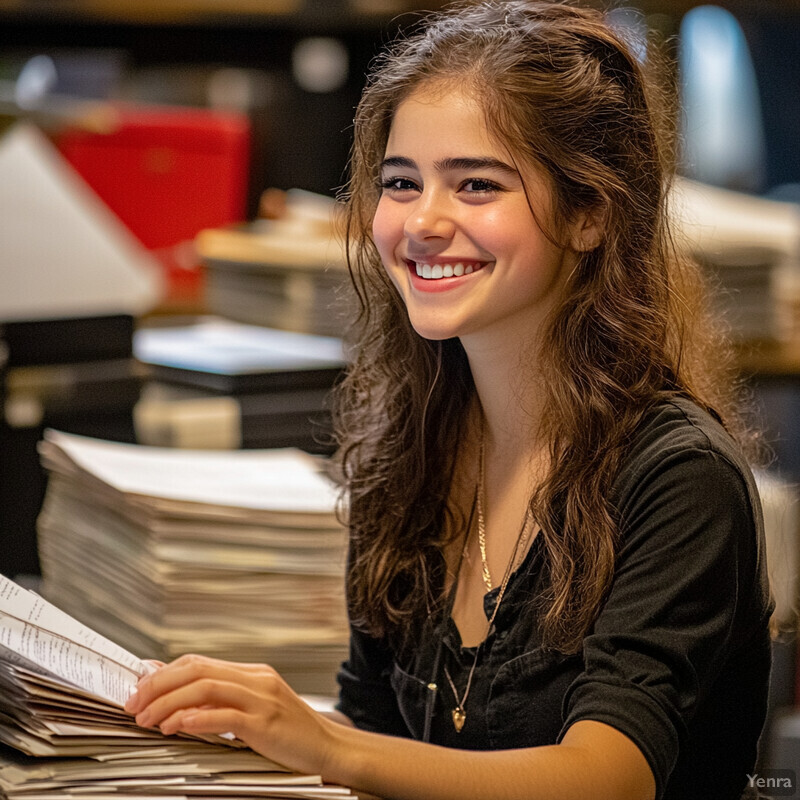 A young woman sitting at a desk in an office setting, surrounded by papers and files.