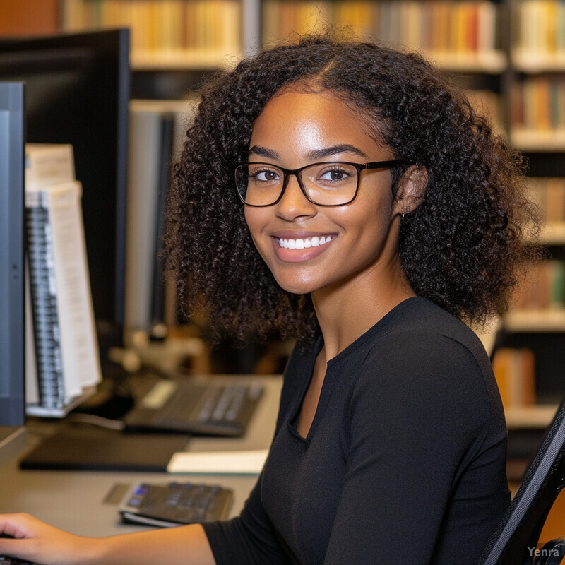 A woman with dark skin and curly hair is sitting in front of a computer monitor in an office or library setting.