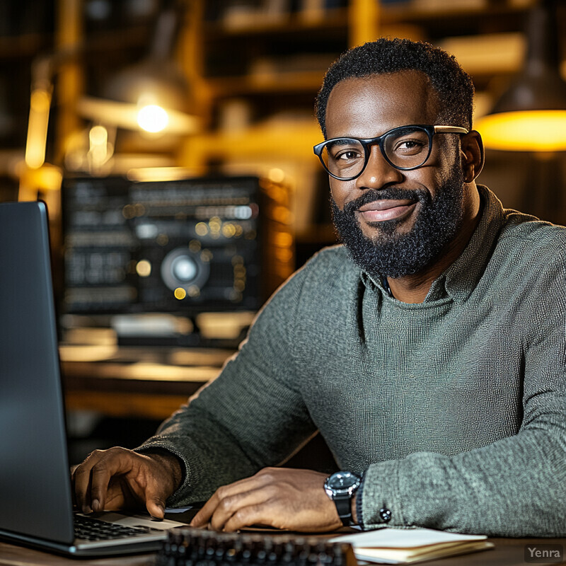 A man is sitting at a desk with a laptop in front of him, looking directly at the camera and smiling slightly.