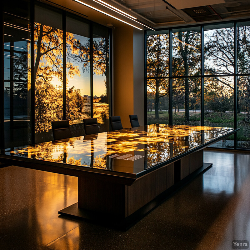 A conference room with a large table and chairs in front of floor-to-ceiling windows offering an expansive view of the outdoors.