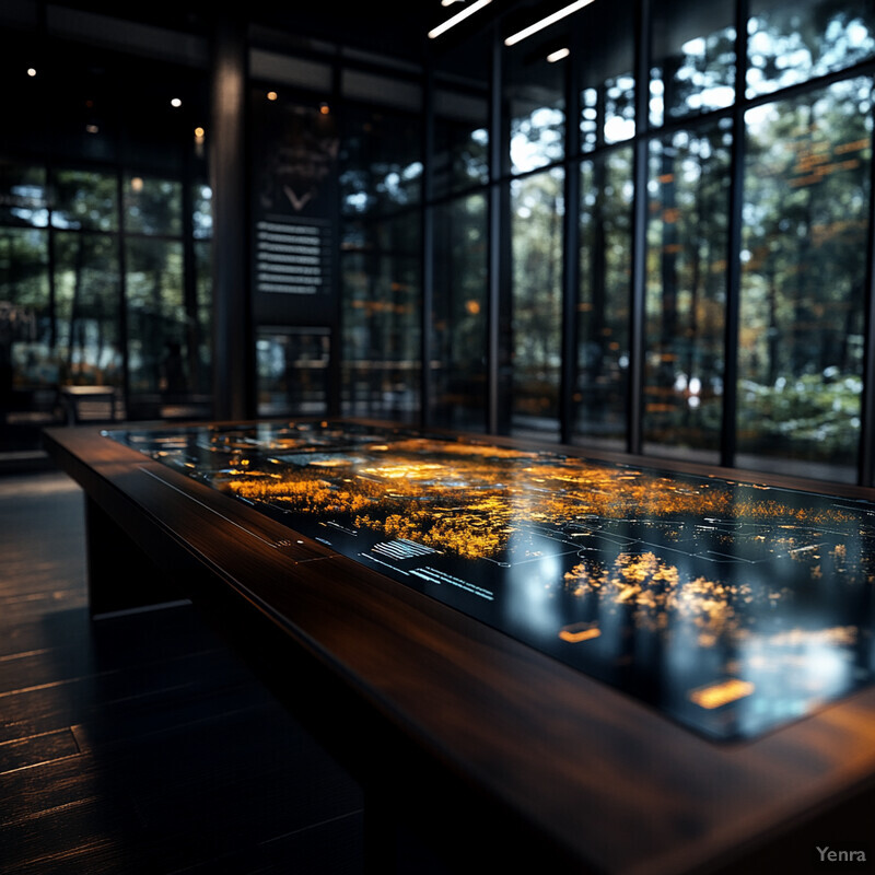 A large, dark wood table with an illuminated landscape of autumn trees and buildings is situated in front of a wall of windows.