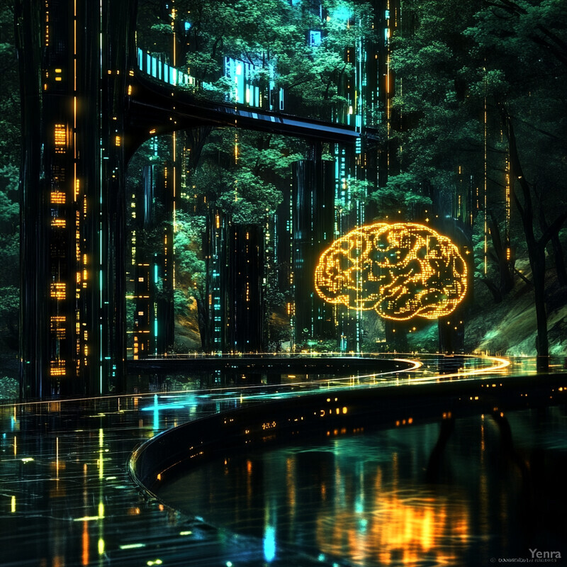 A futuristic city with modern architecture and a brain-like structure in the center.