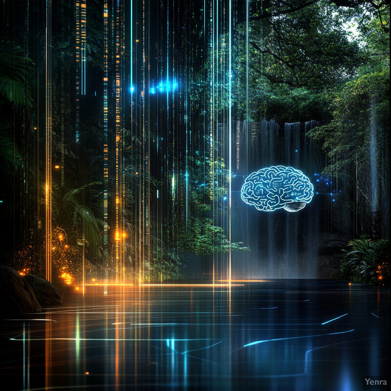 A futuristic scene with a glowing brain symbol in front of a waterfall, surrounded by lush greenery and various technological objects.